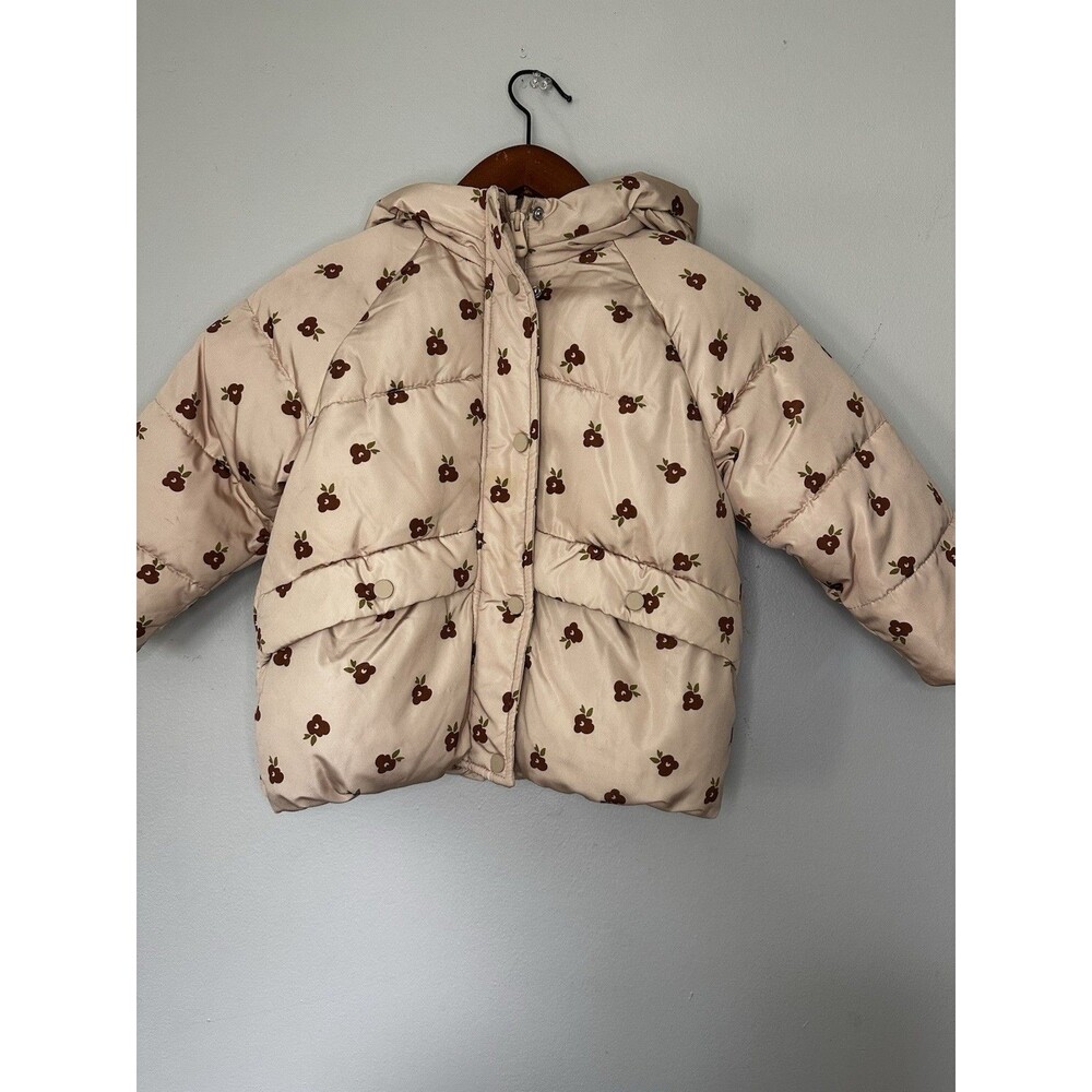 Zara Girls 3T Beige Floral Hooded Puffer Jacket Full Zip Polyester Fall/Winter